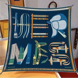 SILK SCARF ORANGE/LIGHT BLUE/NAVY BLUE H-E-R-M-E-S WRITTEN W EQUESTRIAN LETTERS